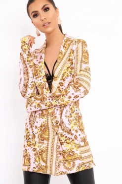 Rebellious Fashion Nude Scarf Print Two Button Blazer - Hilary
