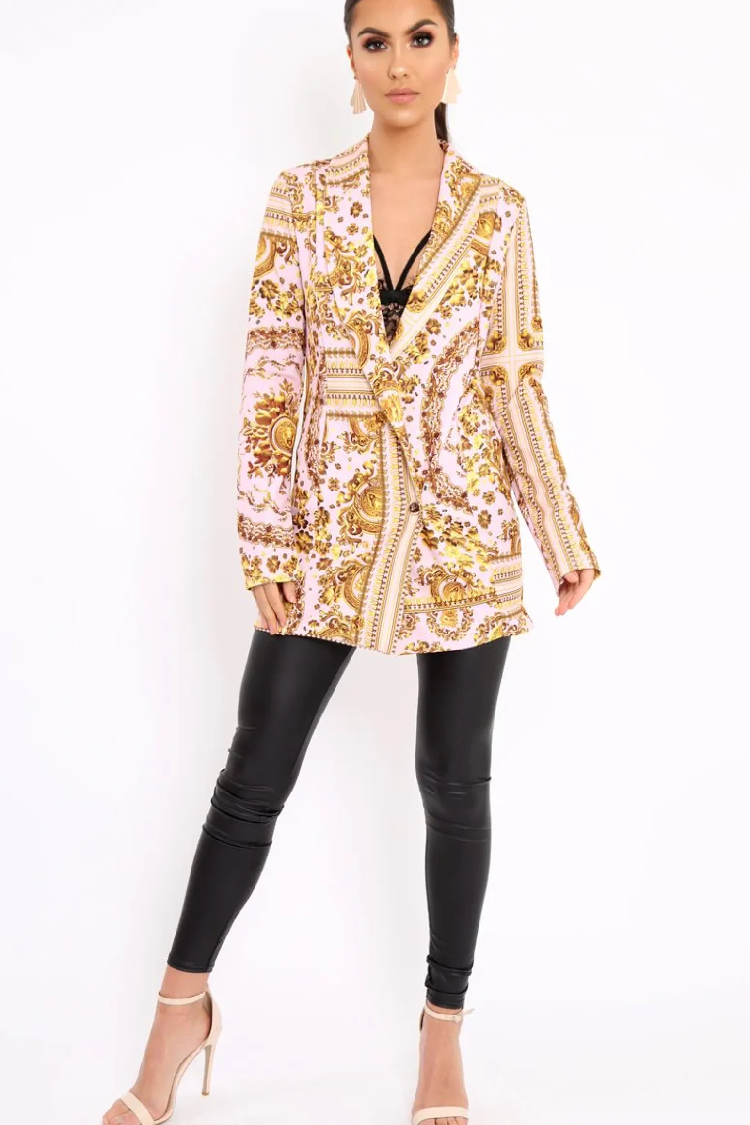 Rebellious Fashion Nude Scarf Print Two Button Blazer - Hilary