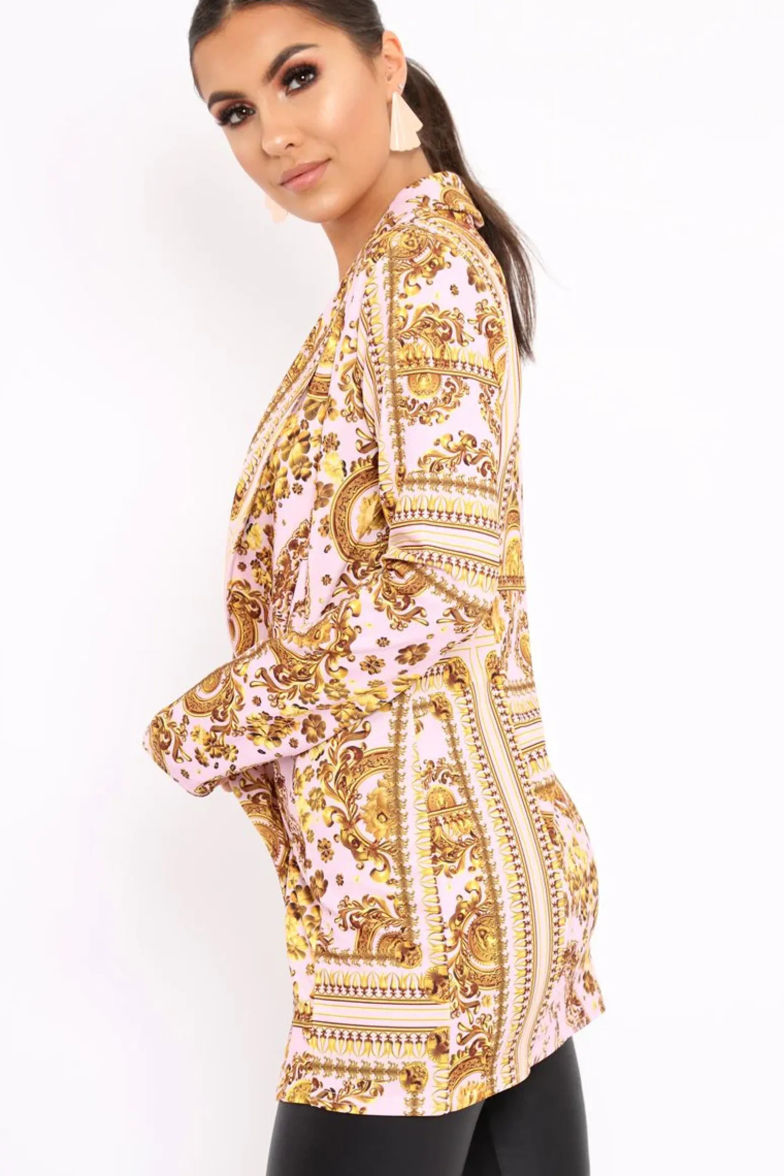 Rebellious Fashion Nude Scarf Print Two Button Blazer - Hilary