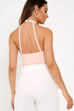 Rebellious Fashion Nude Sequin Caged Halterneck Bodysuit - Aanvi
