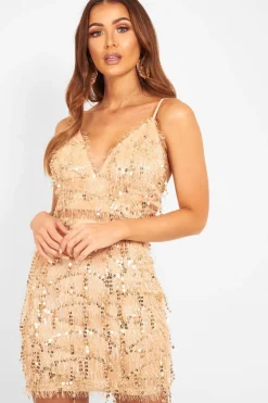 Rebellious Fashion Nude Sequin Fluffy Bralet Skirt Co-Ord - Editha