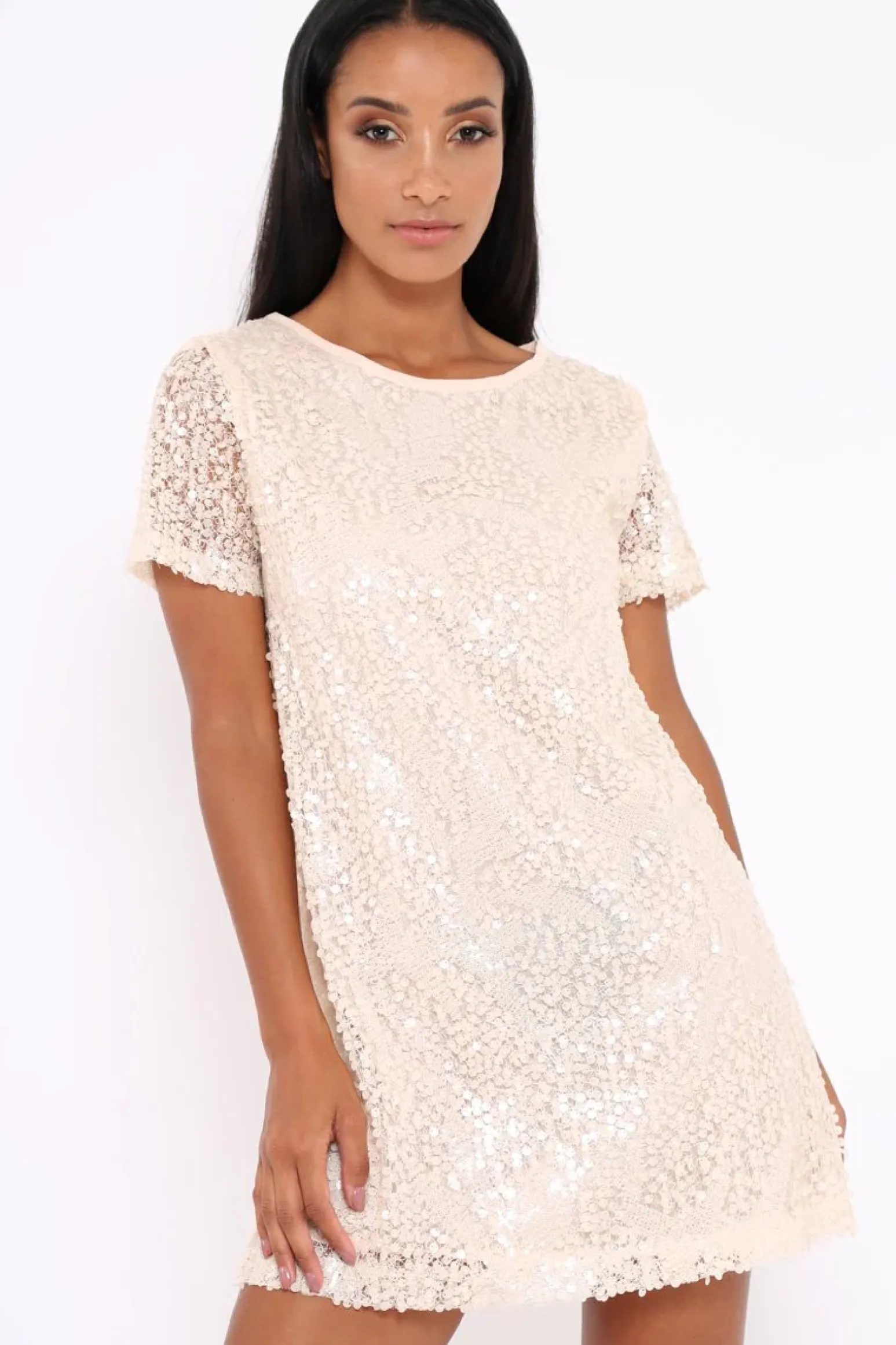 Rebellious Fashion Nude Sequin Oversized Shift Dress - Lilly