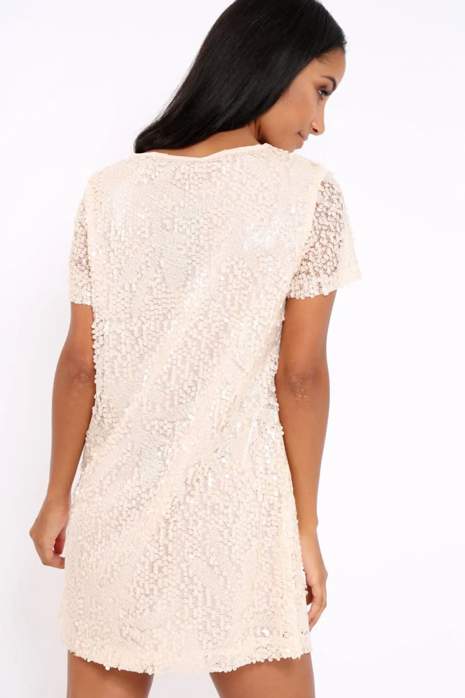 Rebellious Fashion Nude Sequin Oversized Shift Dress - Lilly