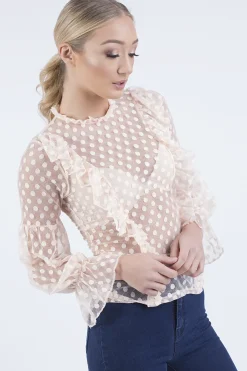 Rebellious Fashion Nude Sheer Polka Dot Frill Blouse - Kaitlin