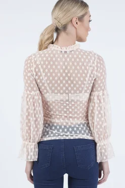 Rebellious Fashion Nude Sheer Polka Dot Frill Blouse - Kaitlin