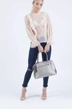 Rebellious Fashion Nude Sheer Polka Dot Frill Blouse - Kaitlin