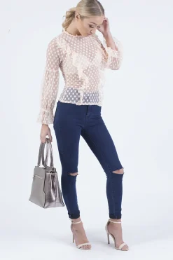 Rebellious Fashion Nude Sheer Polka Dot Frill Blouse - Kaitlin