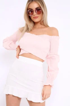 Rebellious Fashion Nude Shirred Bardot Crop Top - Abisha