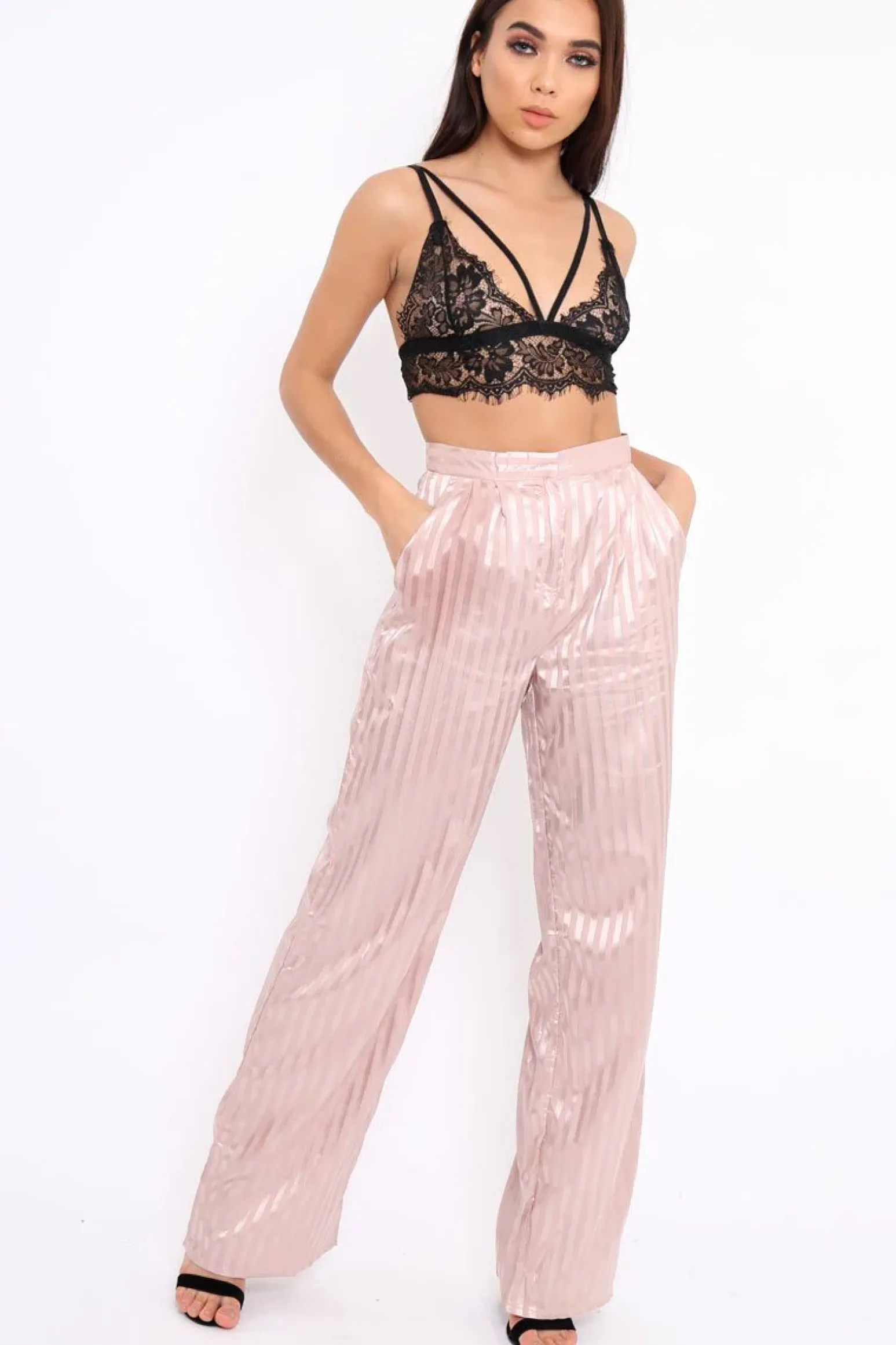 Rebellious Fashion Nude Silky Striped Trousers - Rhiannon