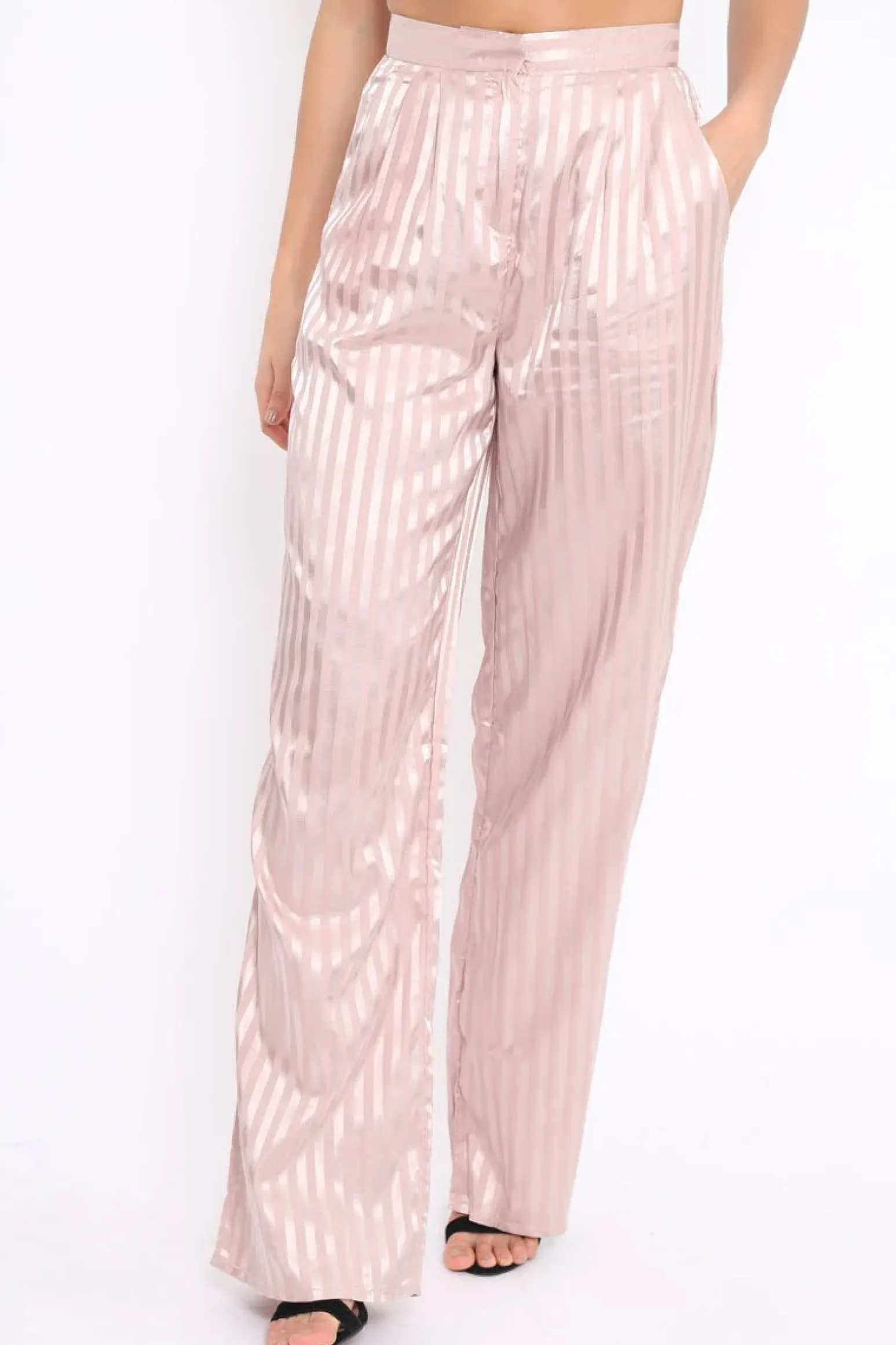 Rebellious Fashion Nude Silky Striped Trousers - Rhiannon