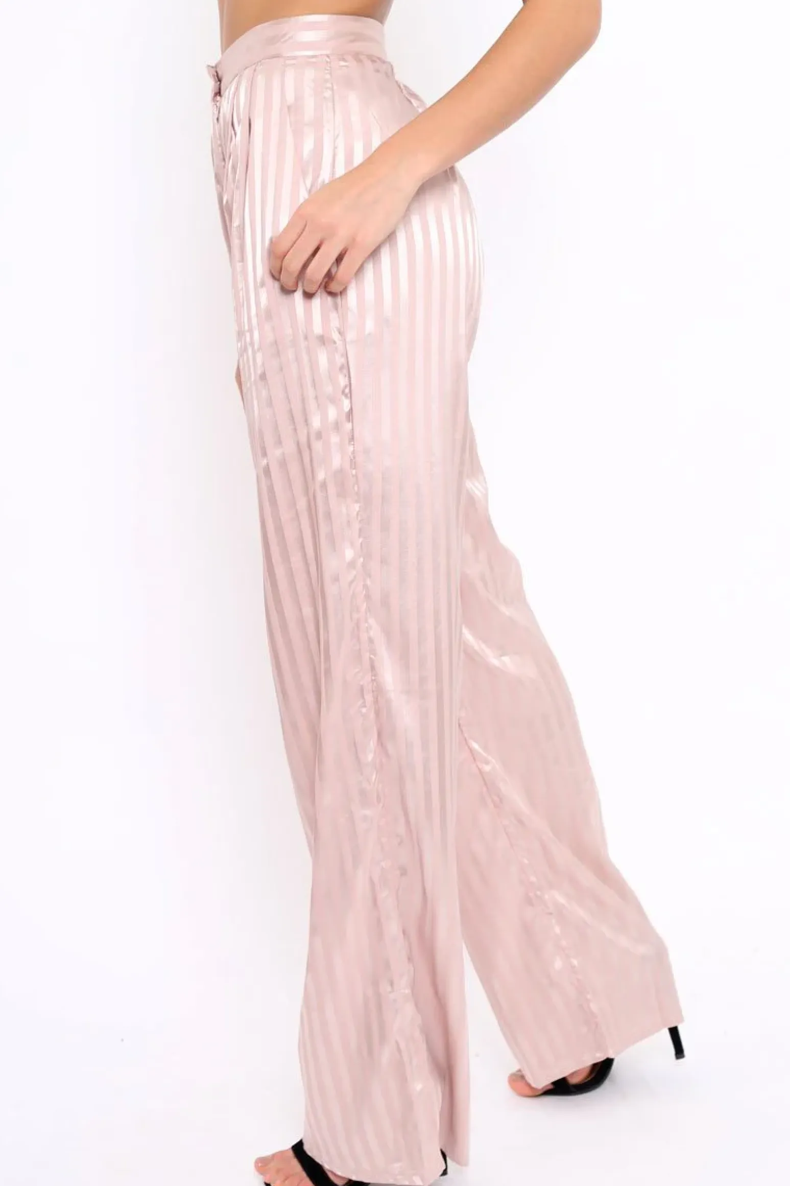 Rebellious Fashion Nude Silky Striped Trousers - Rhiannon