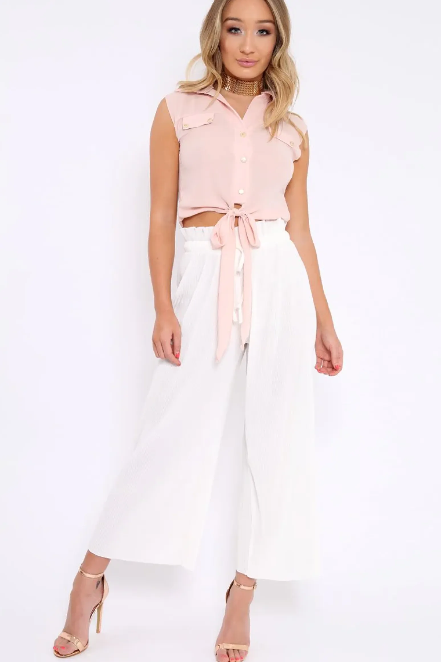 Rebellious Fashion Nude Sleeveless Tie at Front Blouse - Crista