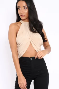 Rebellious Fashion Nude Slinky Halterneck Wrap Top - Giovanna