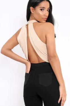 Rebellious Fashion Nude Slinky Halterneck Wrap Top - Giovanna