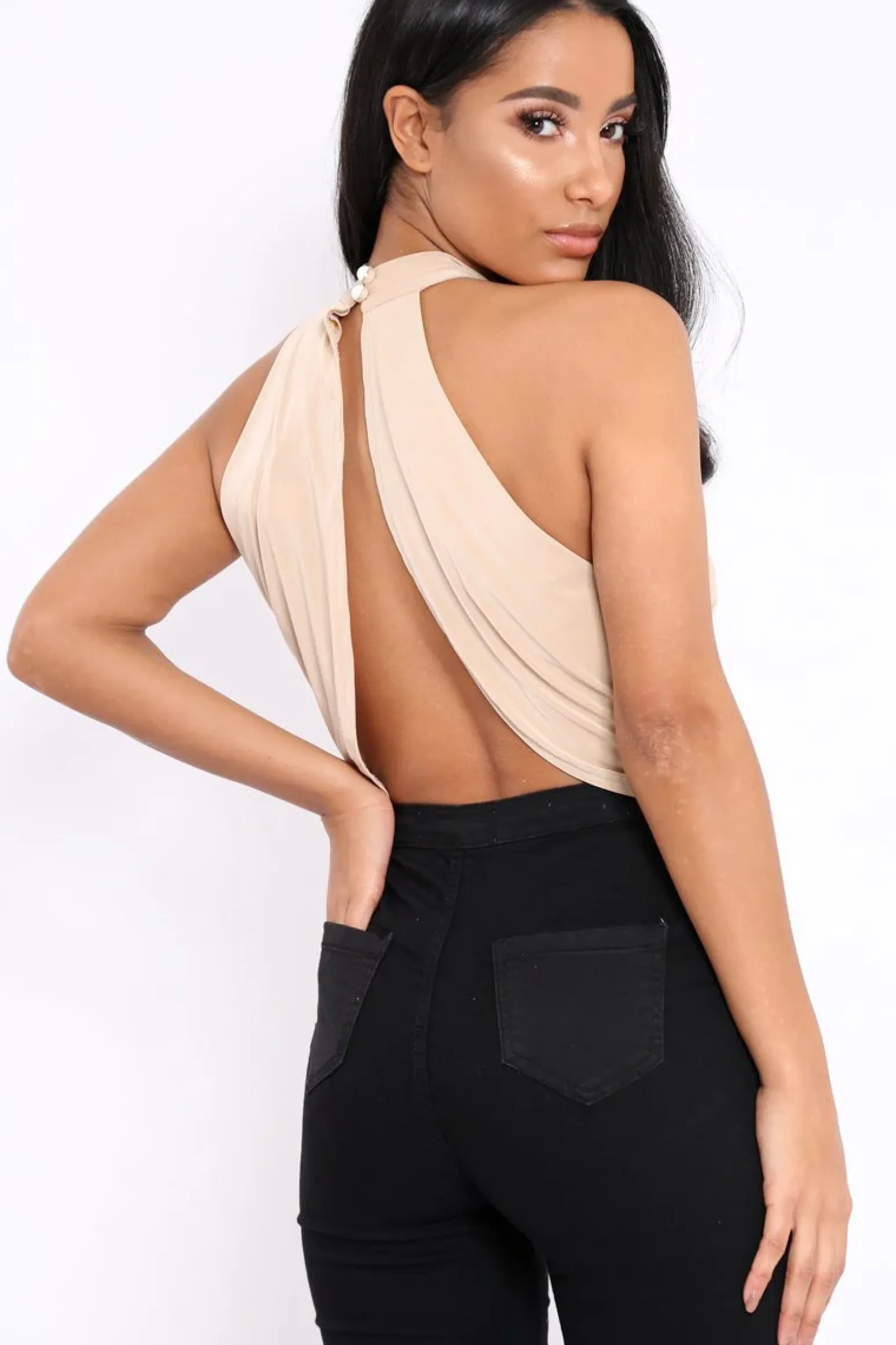 Rebellious Fashion Nude Slinky Halterneck Wrap Top - Giovanna