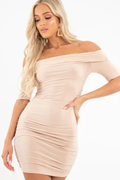 Rebellious Fashion Nude Slinky Ruched Bardot Mini Dress - Sicily