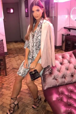 Rebellious Fashion Nude Snake Print Button Down Midi Shirt Dress - Penny