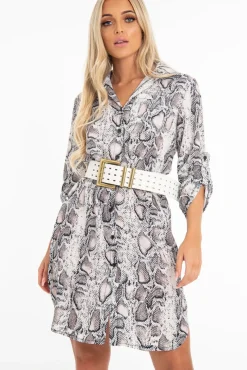 Rebellious Fashion Nude Snake Print Button Down Midi Shirt Dress - Penny
