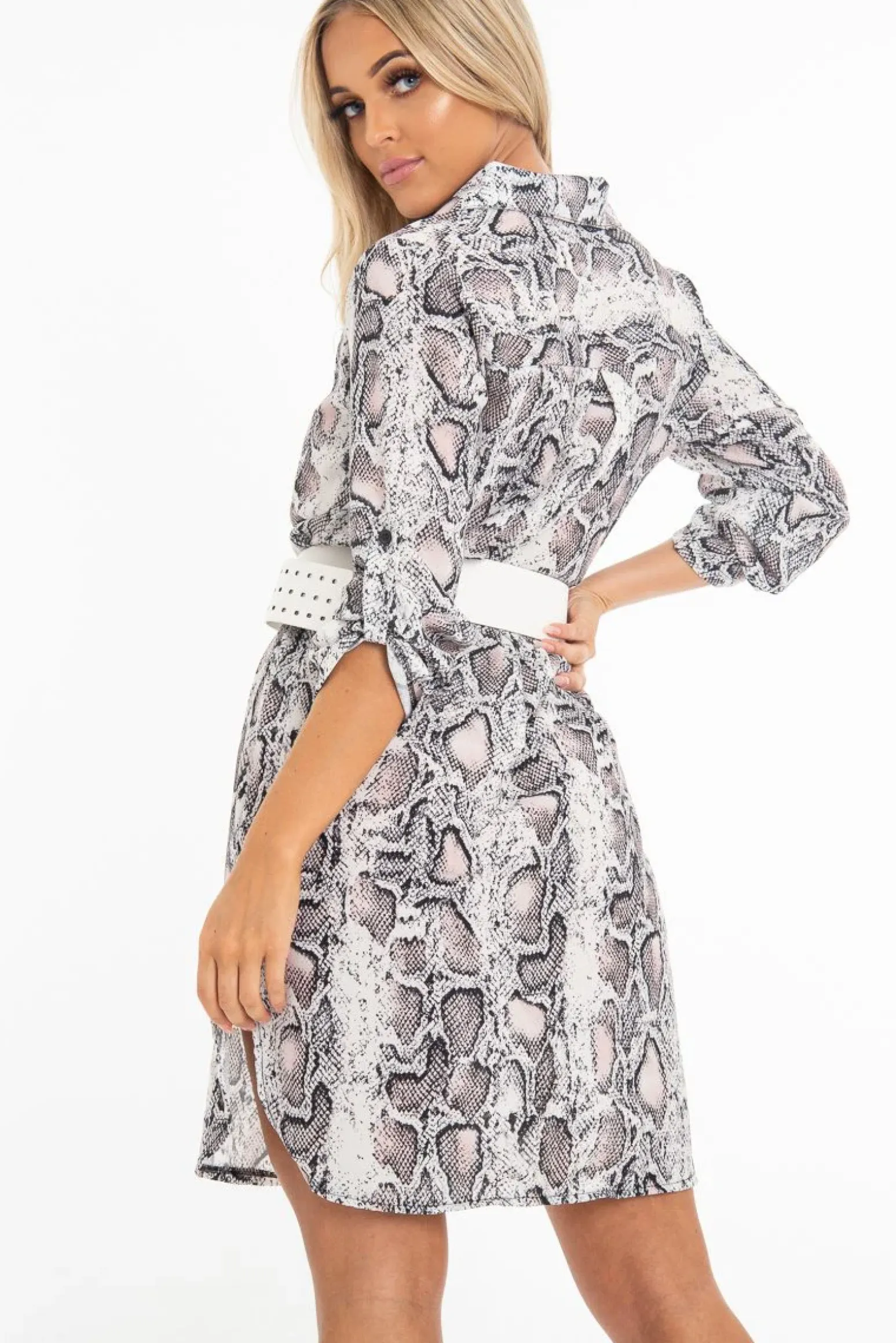 Rebellious Fashion Nude Snake Print Button Down Midi Shirt Dress - Penny
