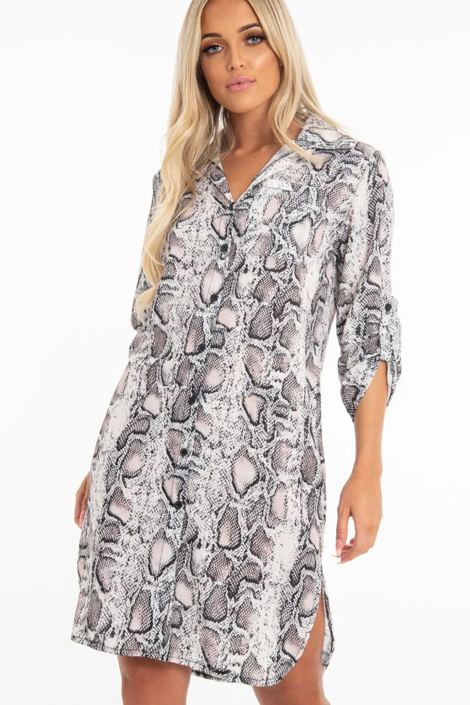 Rebellious Fashion Nude Snake Print Button Down Midi Shirt Dress - Penny