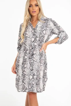Rebellious Fashion Nude Snake Print Button Down Midi Shirt Dress - Penny