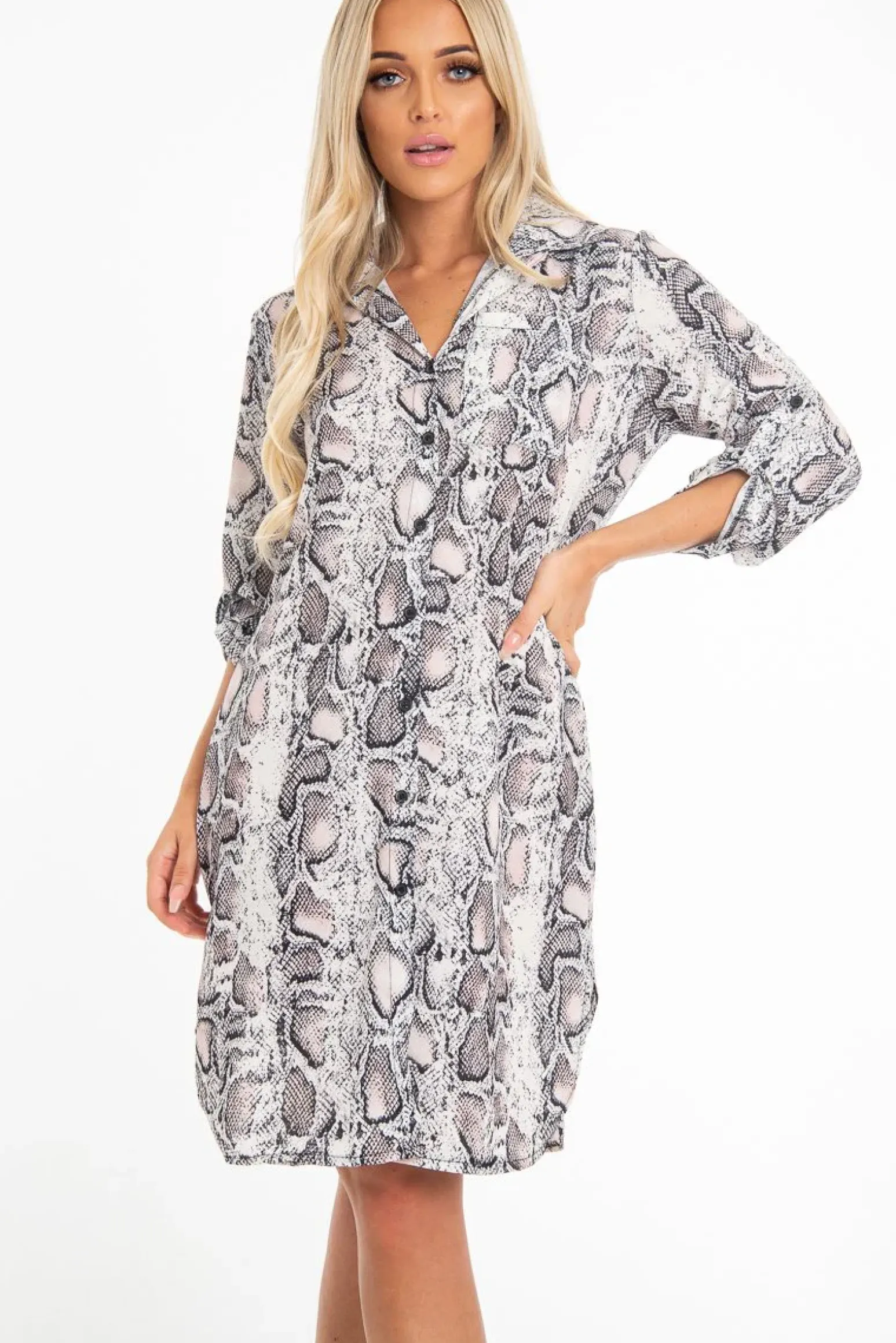 Rebellious Fashion Nude Snake Print Button Down Midi Shirt Dress - Penny