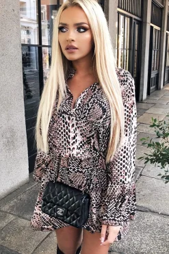 Rebellious Fashion Nude Snake Print Plunge Flute Sleeve Shift Dress - Olesya