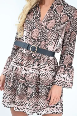 Rebellious Fashion Nude Snake Print Plunge Flute Sleeve Shift Dress - Olesya