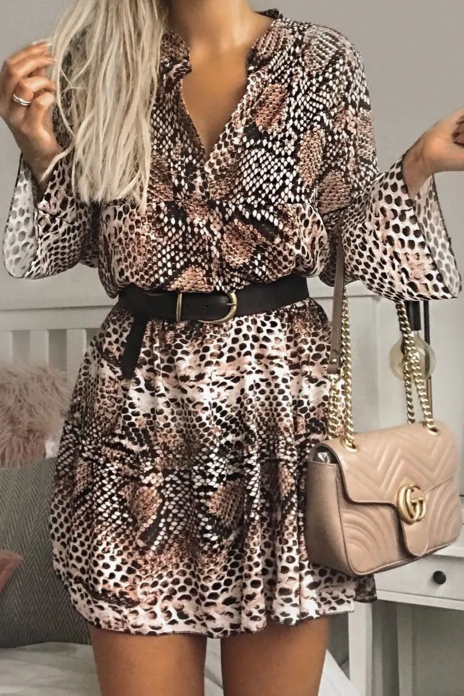 Rebellious Fashion Nude Snake Print Plunge Flute Sleeve Shift Dress - Olesya