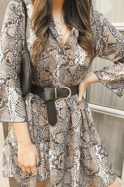 Rebellious Fashion Nude Snake Print Plunge Flute Sleeve Shift Dress - Olesya