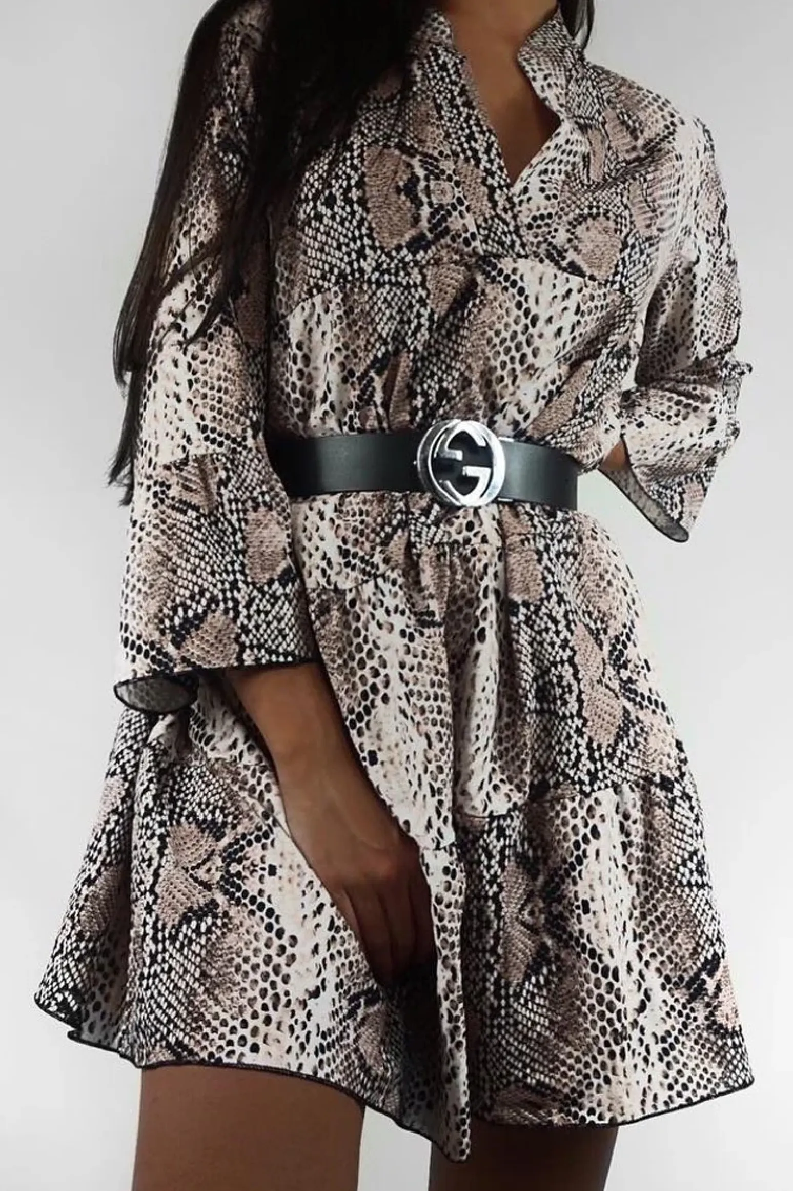 Rebellious Fashion Nude Snake Print Plunge Flute Sleeve Shift Dress - Olesya