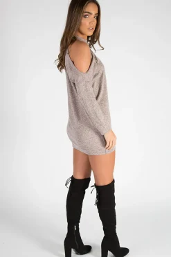 Rebellious Fashion Nude Soft Cold Shoulder Jumper Dress - Tina