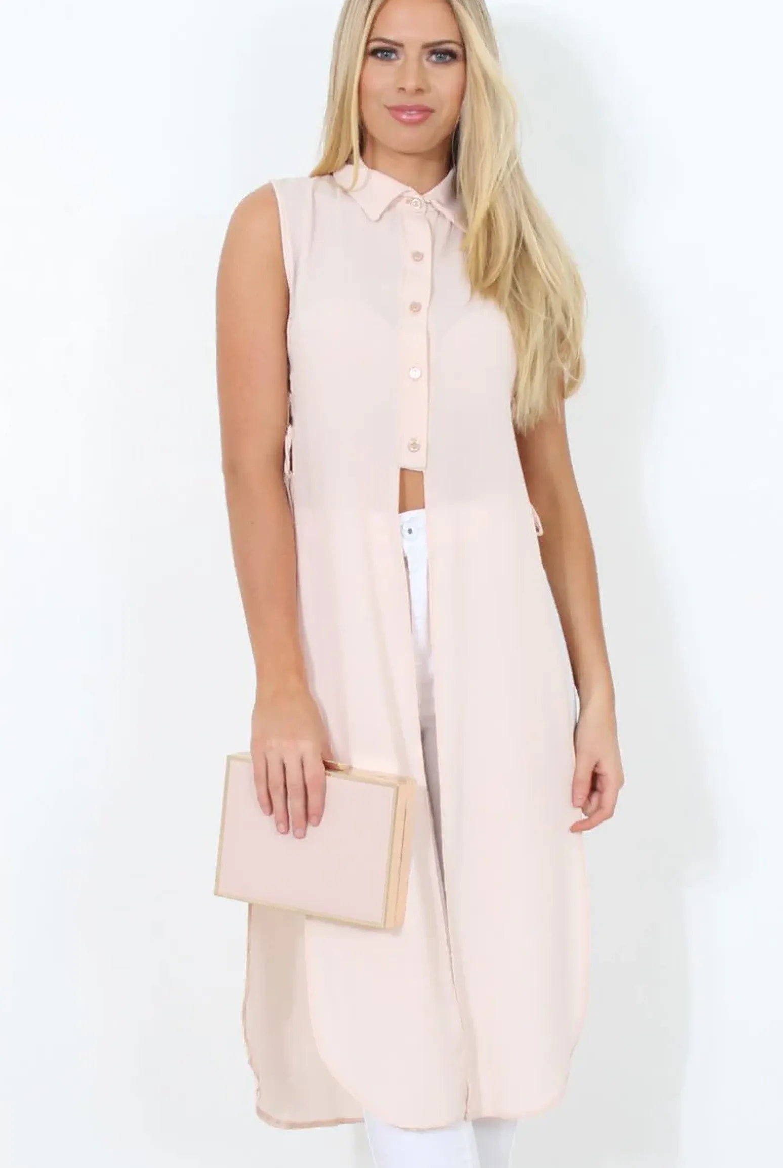 Rebellious Fashion Nude Split Detail Longline Shirt - Eva
