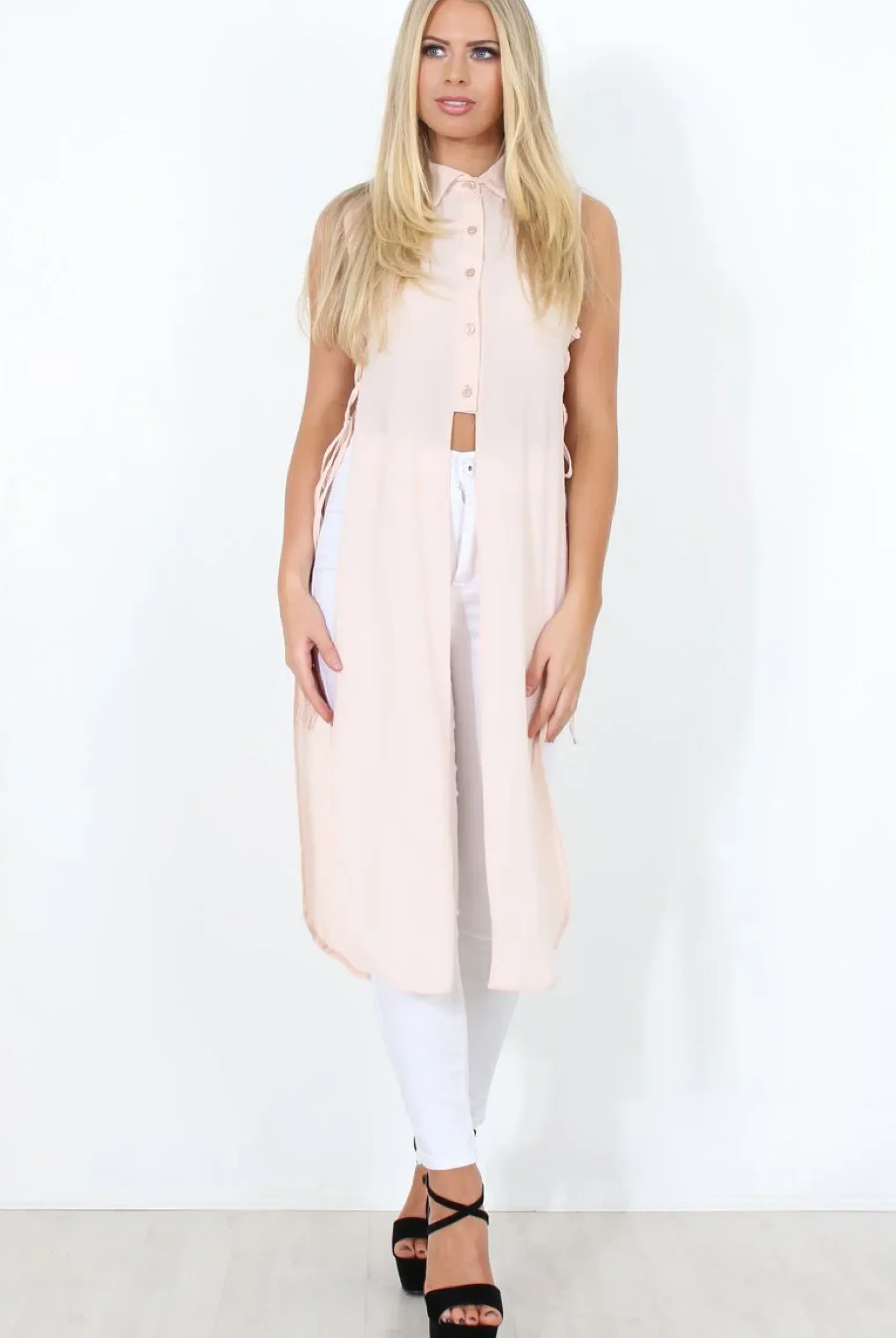 Rebellious Fashion Nude Split Detail Longline Shirt - Eva