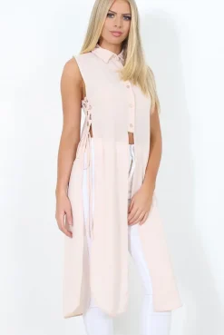 Rebellious Fashion Nude Split Detail Longline Shirt - Eva