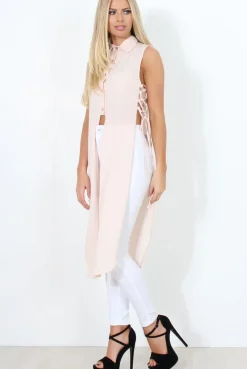 Rebellious Fashion Nude Split Detail Longline Shirt - Eva