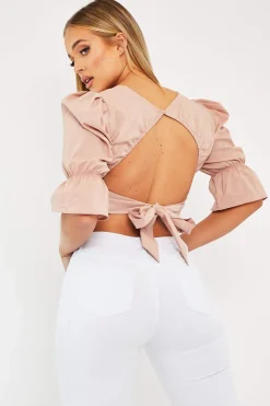 Rebellious Fashion Nude Square Neck Open Back Crop Top - Faisa