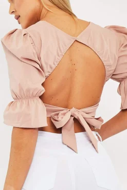 Rebellious Fashion Nude Square Neck Open Back Crop Top - Faisa