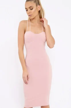 Rebellious Fashion Nude Strap Bra Cup Detail Midi Dress - Helsa