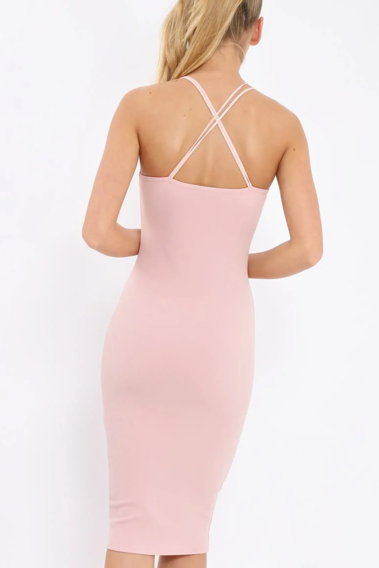 Rebellious Fashion Nude Strap Bra Cup Detail Midi Dress - Helsa