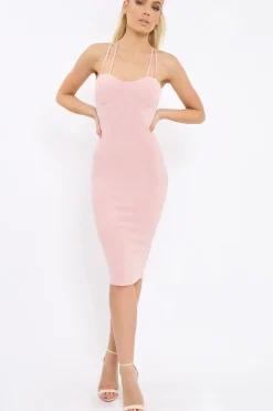 Rebellious Fashion Nude Strap Bra Cup Detail Midi Dress - Helsa