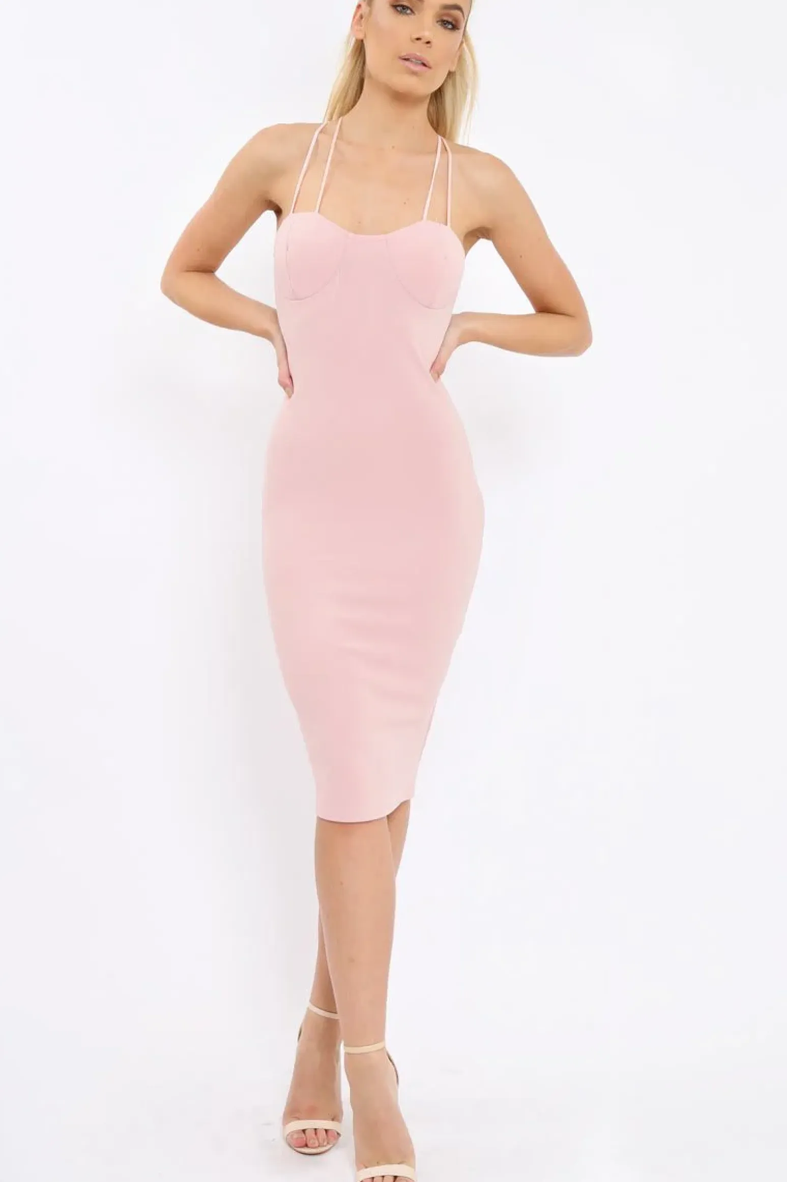 Rebellious Fashion Nude Strap Bra Cup Detail Midi Dress - Helsa