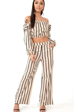 Rebellious Fashion Nude Stripe Bardot Crop Top And Wide Leg Trousers Co-ord - Shiori