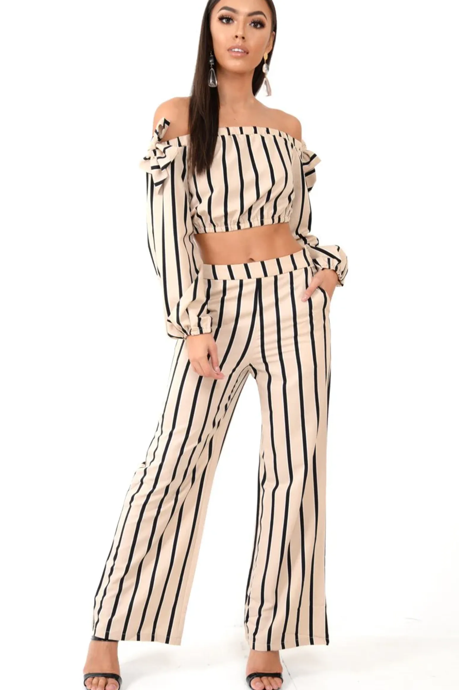 Rebellious Fashion Nude Stripe Bardot Crop Top And Wide Leg Trousers Co-ord - Shiori