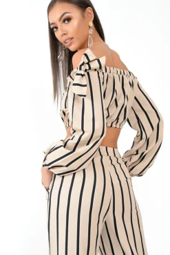 Rebellious Fashion Nude Stripe Bardot Crop Top And Wide Leg Trousers Co-ord - Shiori