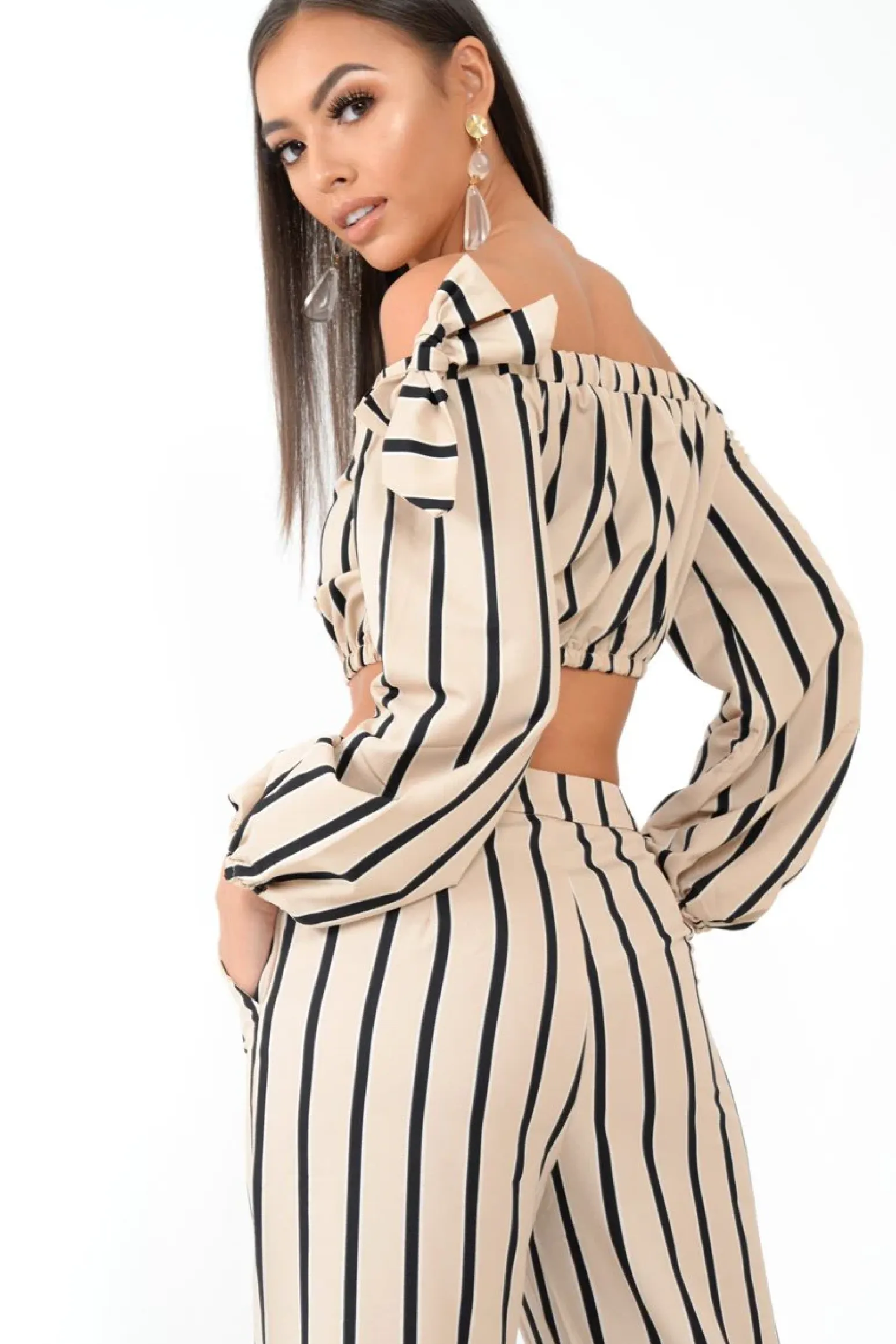 Rebellious Fashion Nude Stripe Bardot Crop Top And Wide Leg Trousers Co-ord - Shiori