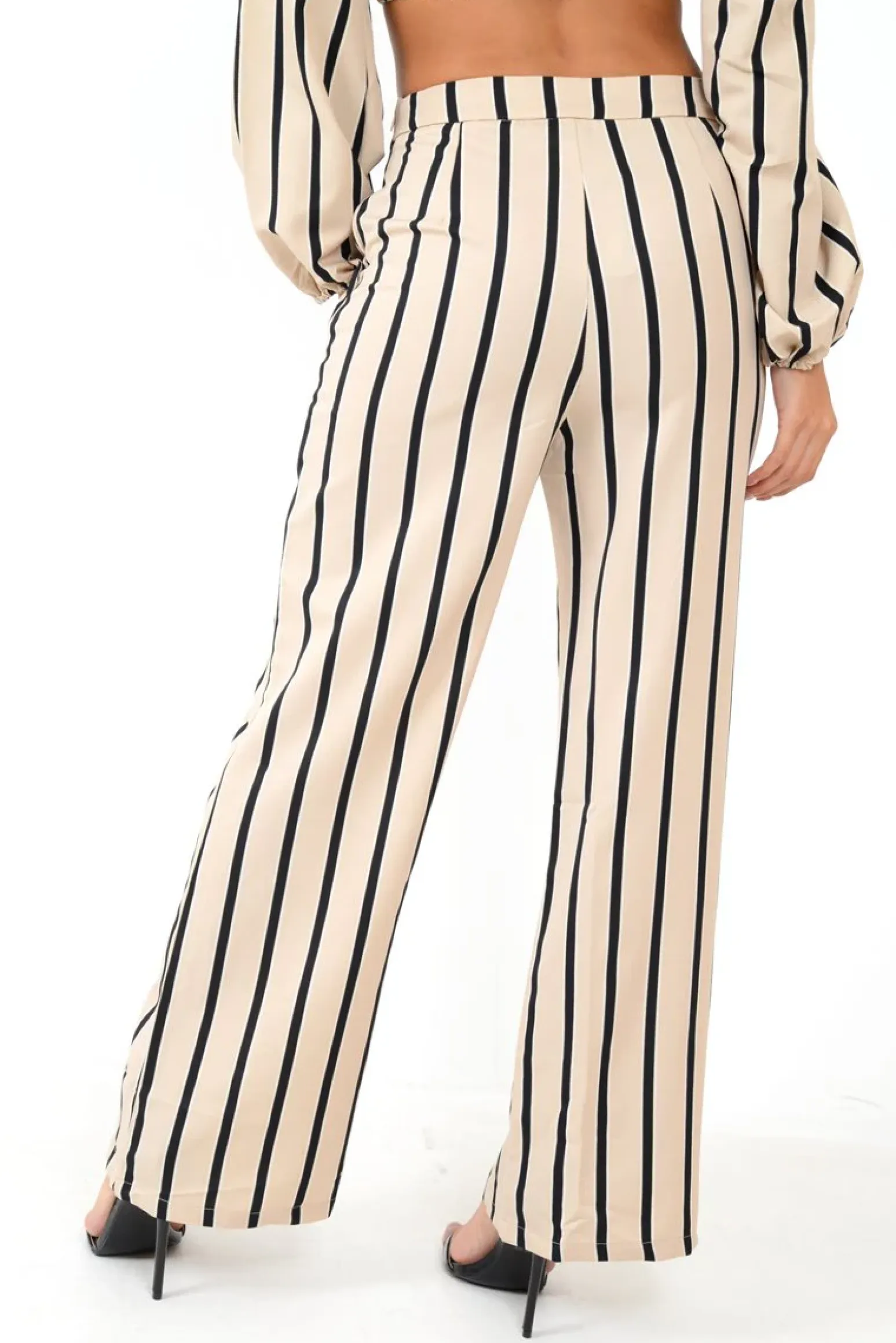 Rebellious Fashion Nude Stripe Bardot Crop Top And Wide Leg Trousers Co-ord - Shiori