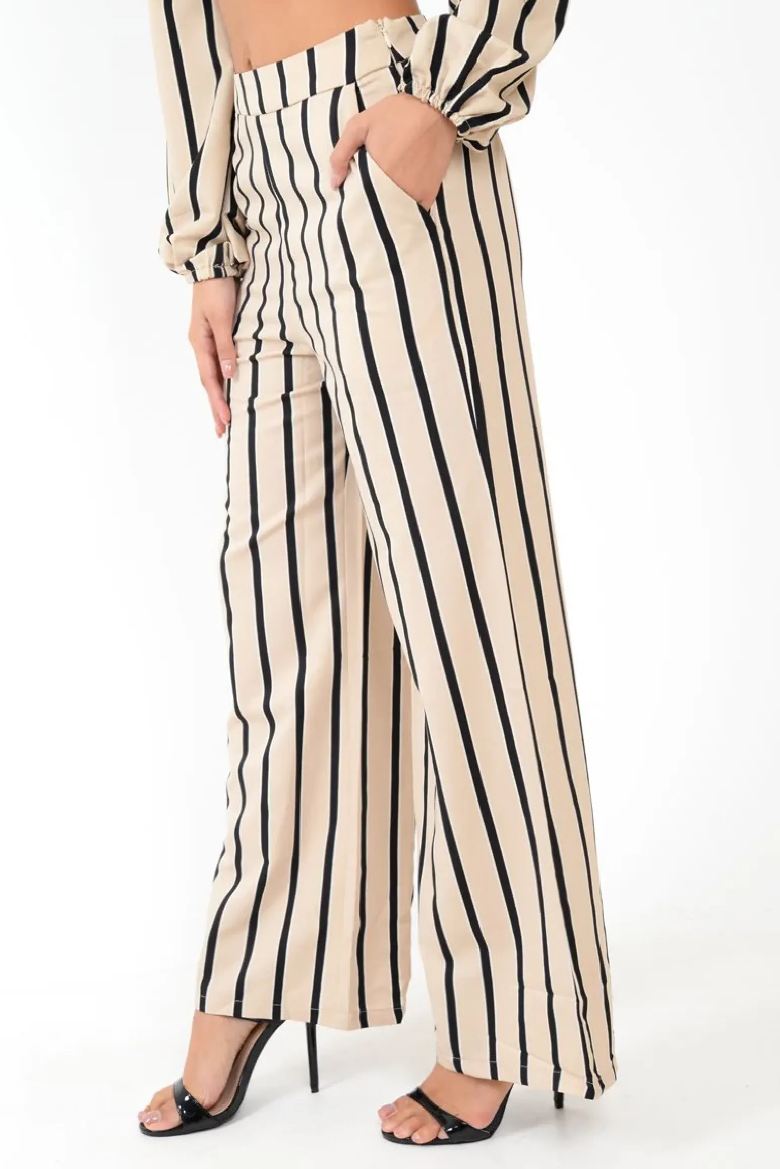 Rebellious Fashion Nude Stripe Bardot Crop Top And Wide Leg Trousers Co-ord - Shiori