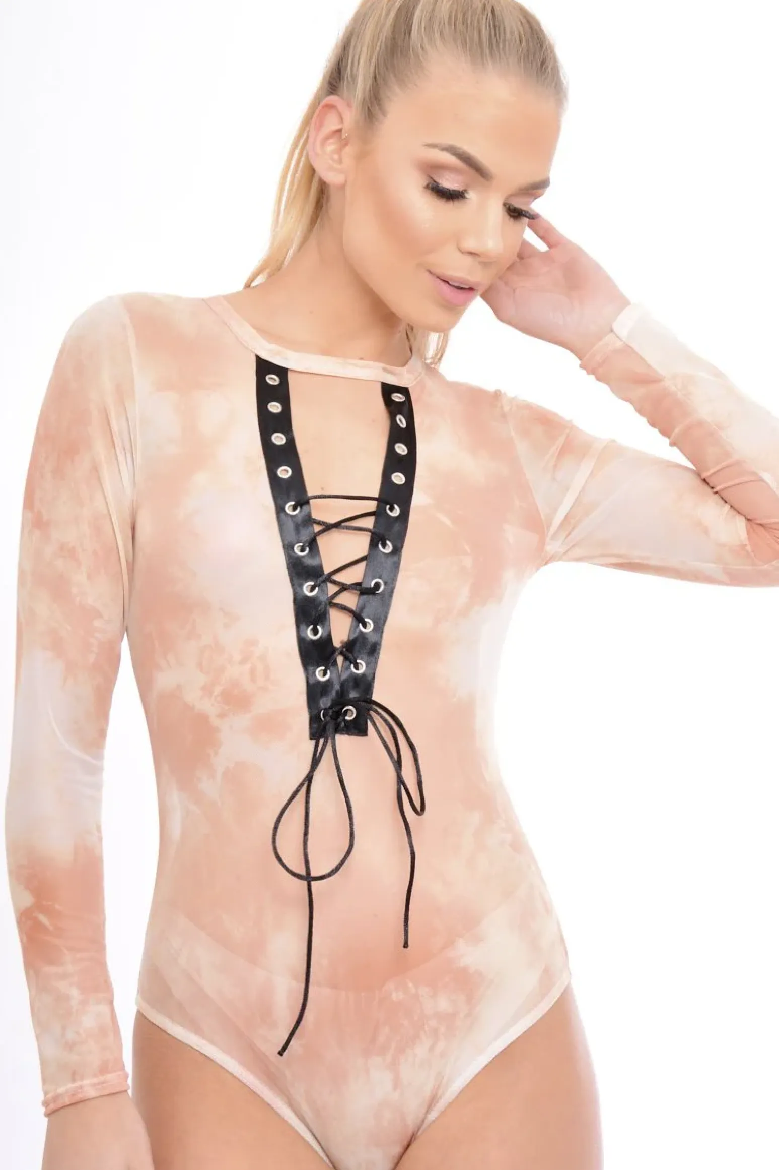 Rebellious Fashion Nude Tie Dye Mesh Lace Up Bodysuit - Luella
