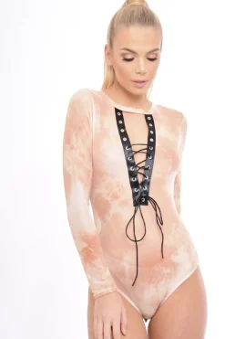 Rebellious Fashion Nude Tie Dye Mesh Lace Up Bodysuit - Luella